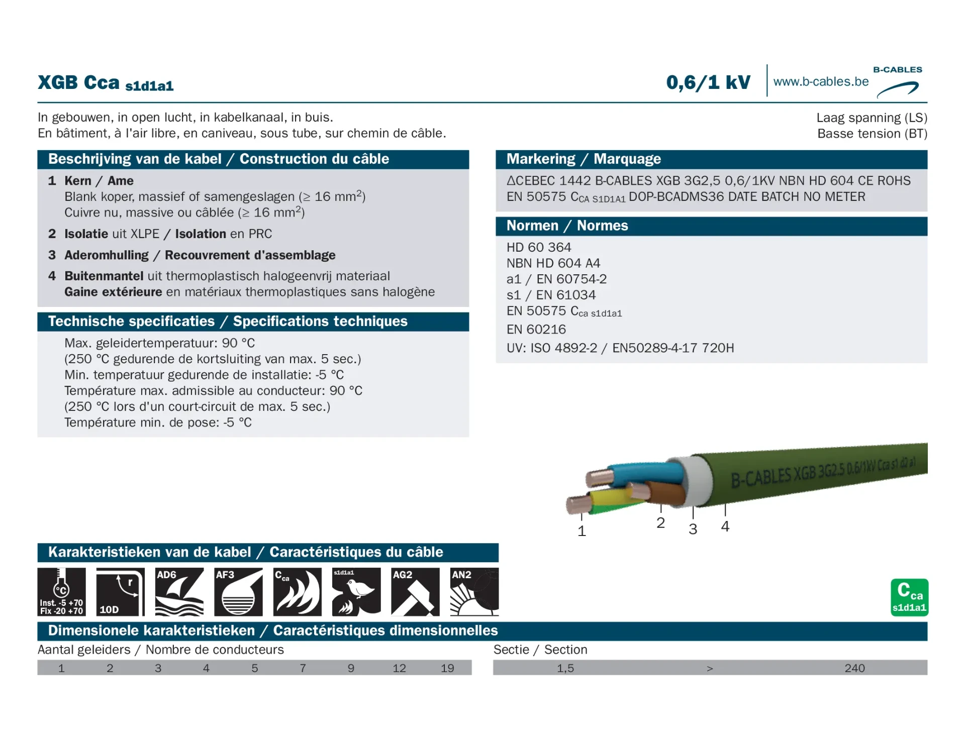 XGB Cca s1d1a1 – Halogeenvrije installatiekabel XGB Cca s1d1a1 halogeenvrije installatiekabel met koperen geleiders voor brandveilige installaties in België