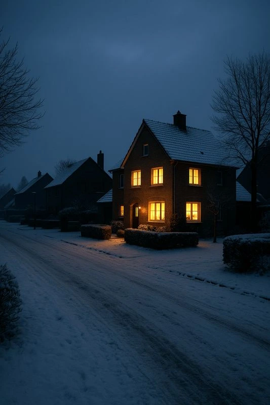 Thuisbatterij back-up bij stroomuitval België - woning met licht tijdens blackout dankzij noodstroom batterijsysteem, omliggende huizen donker