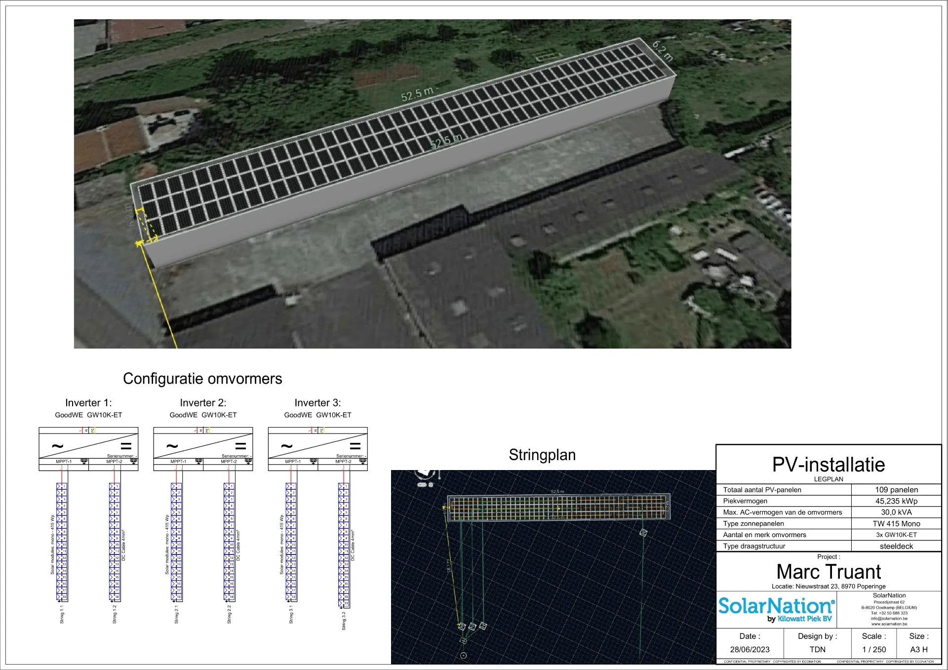 Zonnepanelen legplan EV laadpark met BESS Poperinge - 93 panelen 38,595 kWp steeldeck montage Solarnation