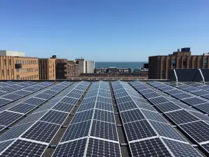 Oost-west opstelling zonnepanelen op plat bedrijfsdak met uitzicht op zee - Solarnation België