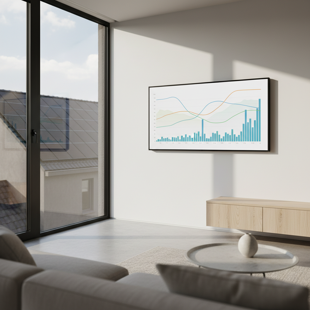 Modern woonkamer met digitaal energiedashboard dat elektriciteitsverbruik per kwartier toont, met zicht op zonnepanelen op het dak