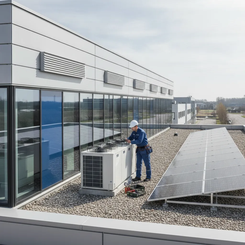 Airco en klimatisatie voor bedrijven: outdoor units op een commercieel dak met zonnepanelen