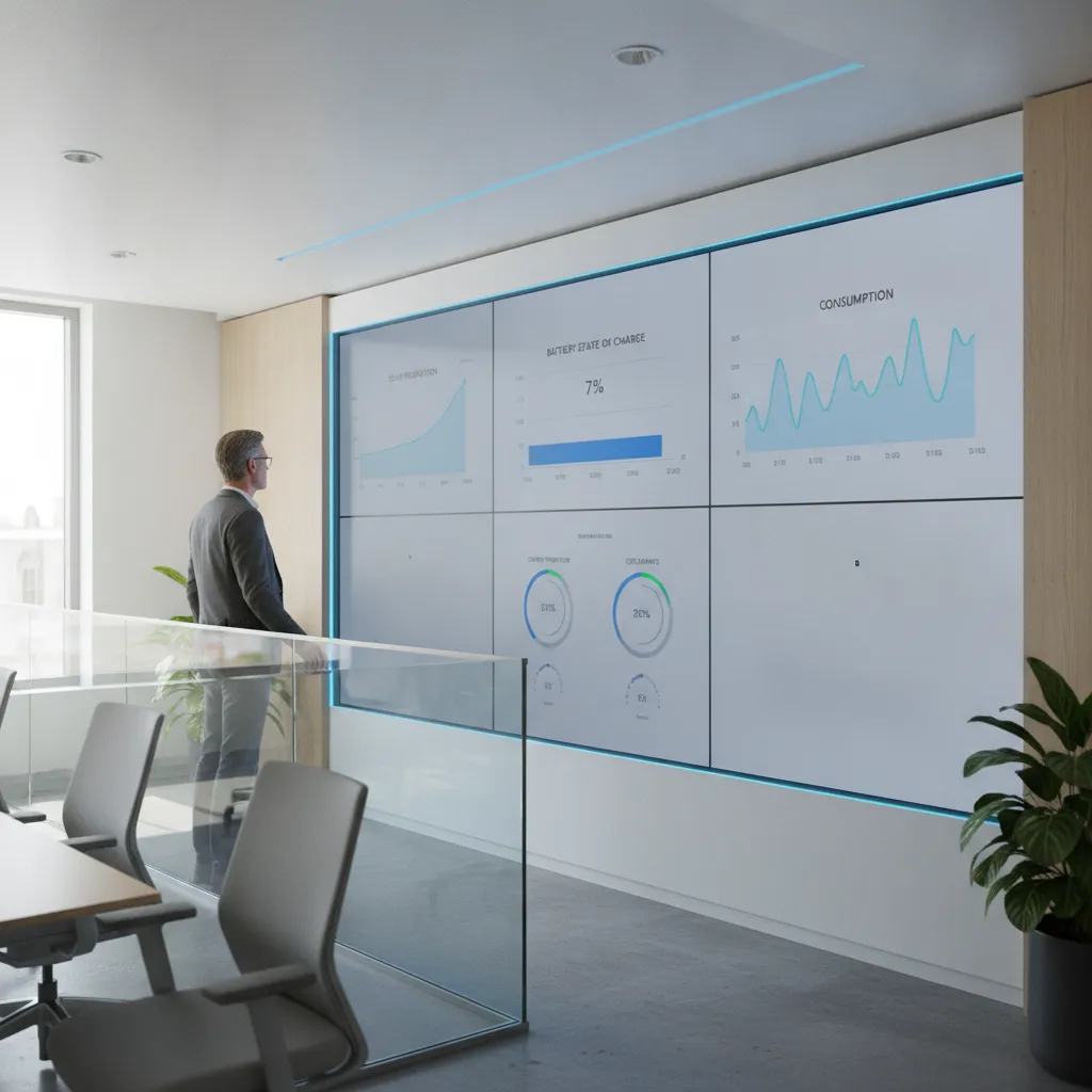 Energiemanagementsysteem (EMS) dashboard met live zonneproductie, batterijstand en verbruik voor bedrijven