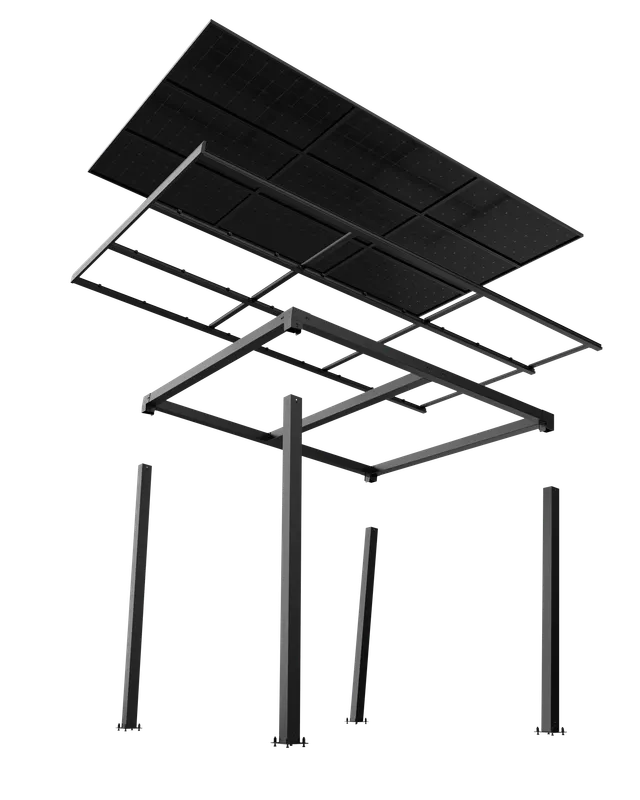 Explosiediagram solar carport componenten — modulaire opbouw zonder betonwerken