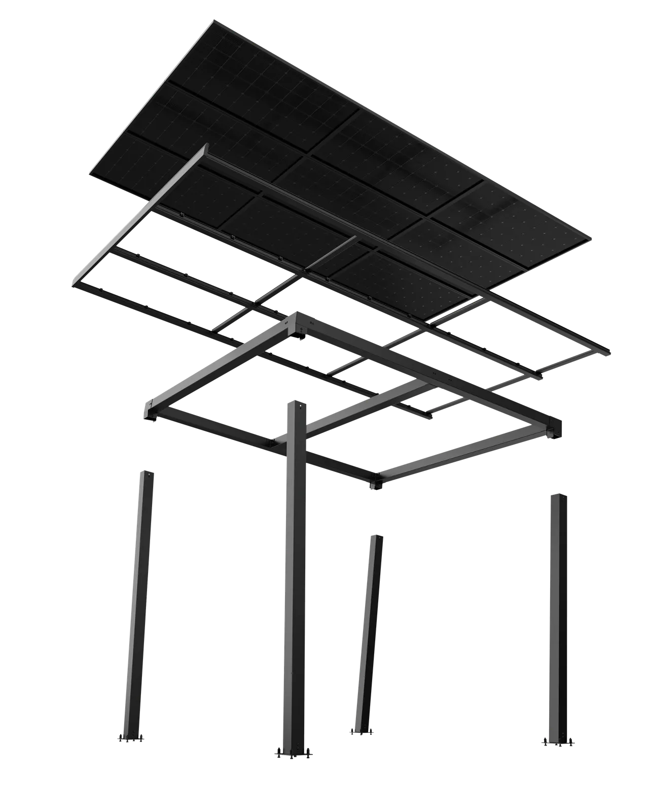 Explosiediagram van een solar carport — alle componenten: staanders, frame en zonnepanelen