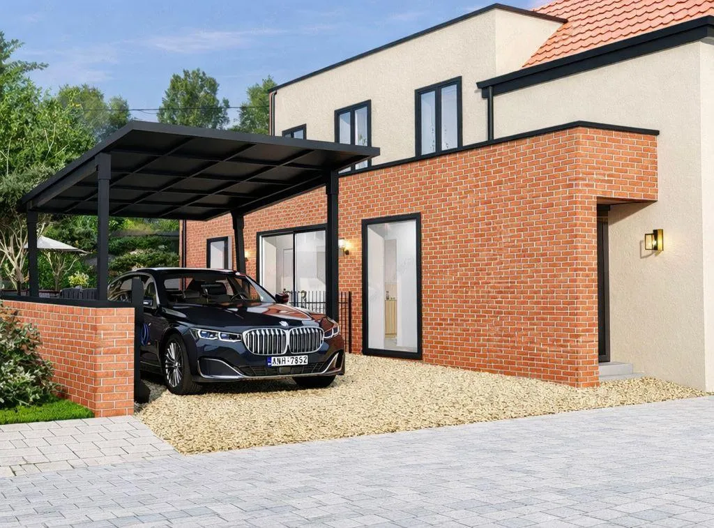 3D-render van solar carport met zonnepanelen bij gerenoveerde woning in Revinzestraat Torhout — project VM&M Projects