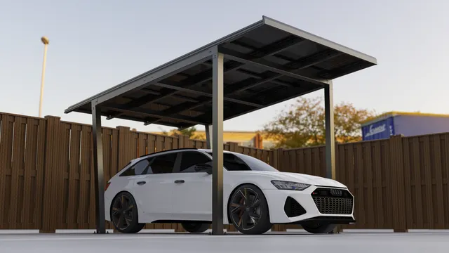 Solar carport render met geparkeerde auto — dubbele functie: bescherming en energieopwekking