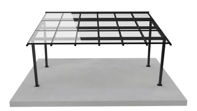 Solar carport render met waterafvoergoot — voertuigbescherming tegen alle weersomstandigheden