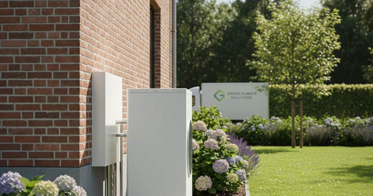 Moderne airco-unit naast een lucht-water warmtepomp buitenunit in een Belgische tuin