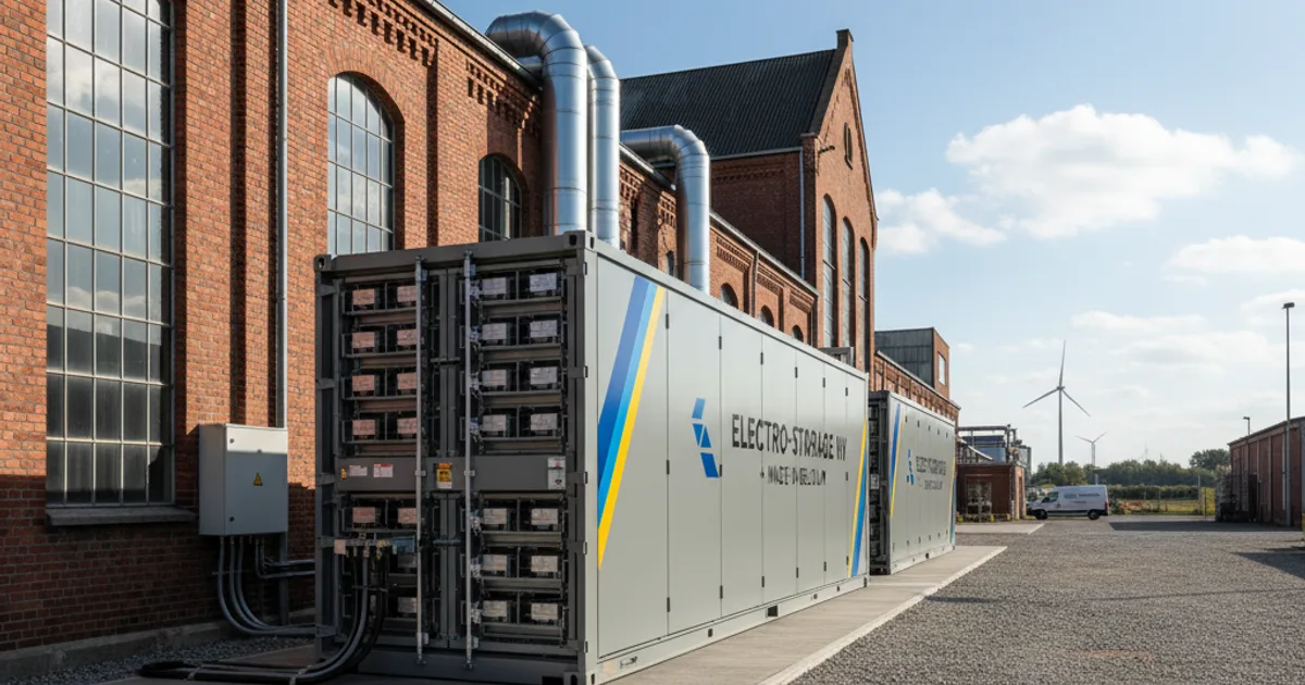 Industriële BESS-container naast een Belgisch bedrijfsgebouw