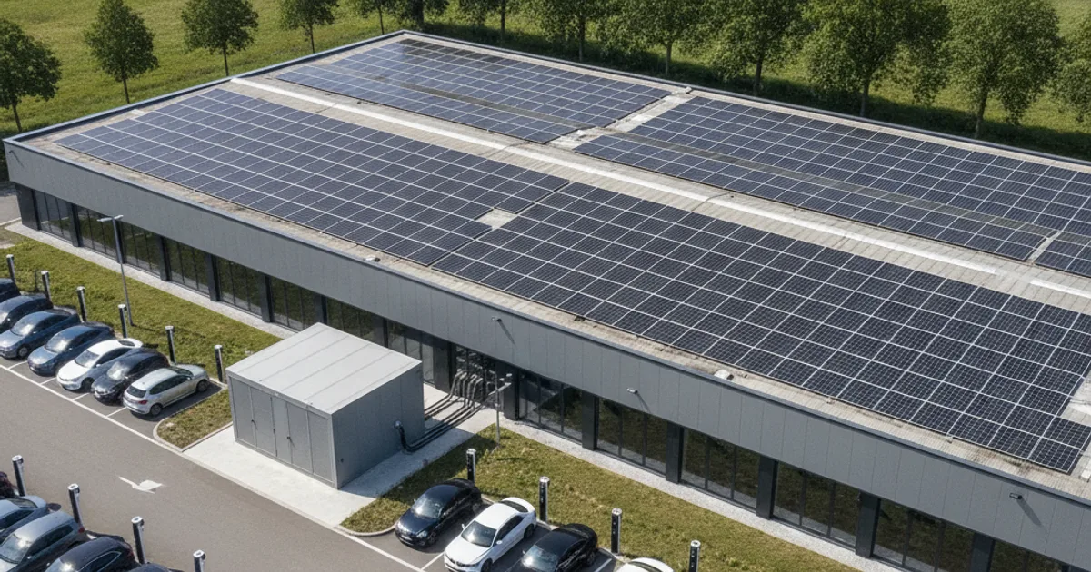 Bedrijfsdak met zonnepanelen, batterijkast en laadpalen — een geïntegreerd energie-ecosysteem