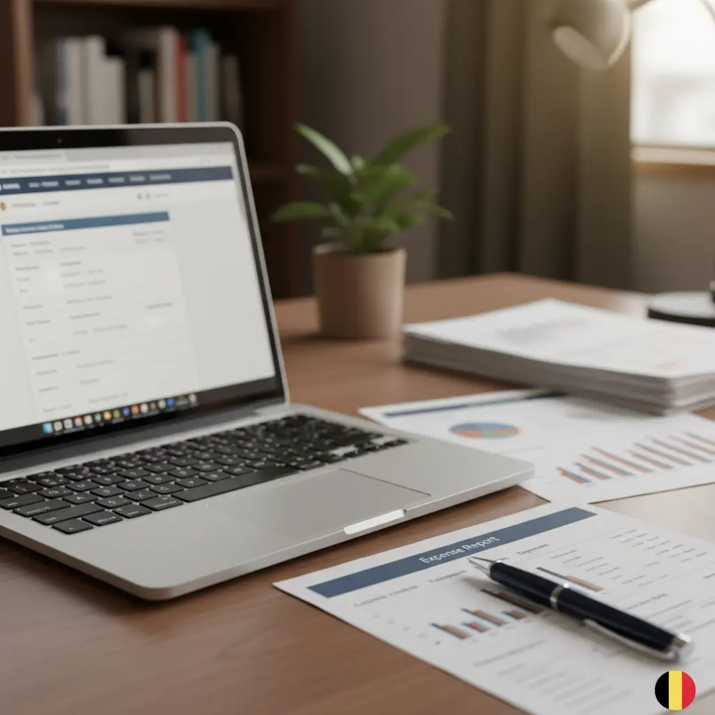 Vergelijking van groene leningen bij Belgische banken voor zonnepanelen — close-up van een laptop met bankcalculator en financiële documenten op een bureau