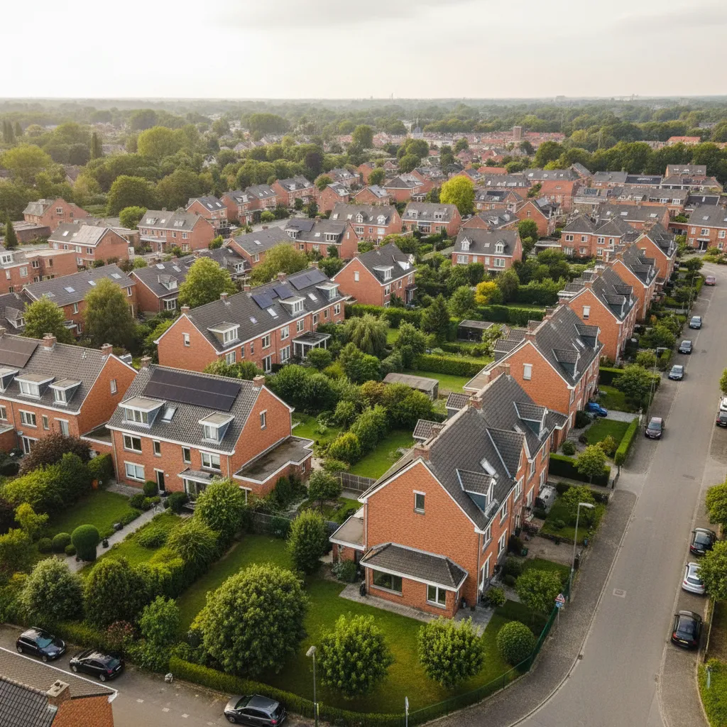 Vlaamse woonwijk met zonnepanelen op de daken - groepsaankoop nadelen