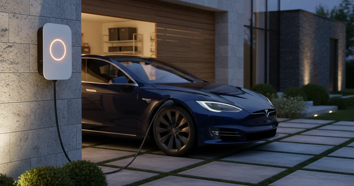 Witte EV-laadpaal aan een Belgische garagemuur met elektrische auto