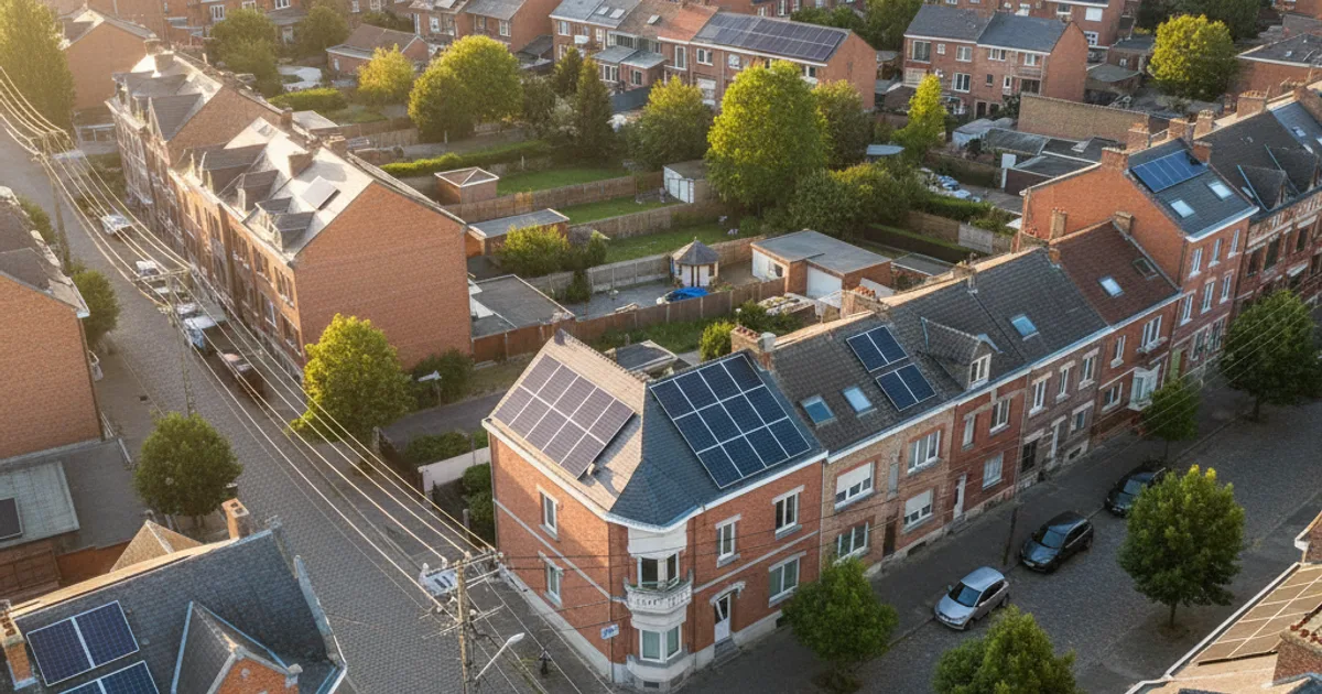 Luchtfoto van een Vlaamse wijk met zonnepanelen en elektriciteitsinfrastructuur