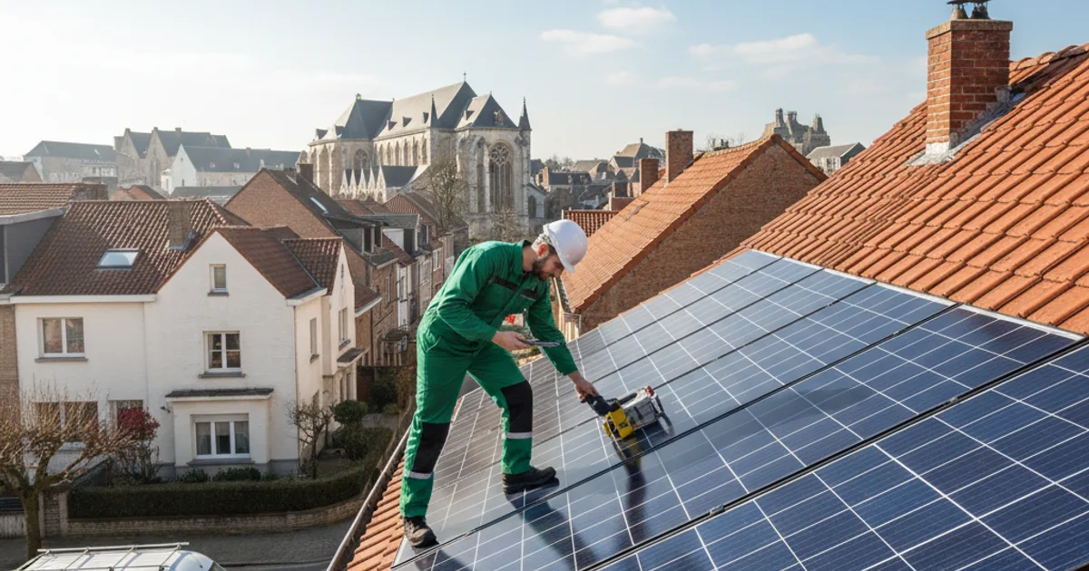Technieker inspecteert zonnepanelen op een Belgisch dak