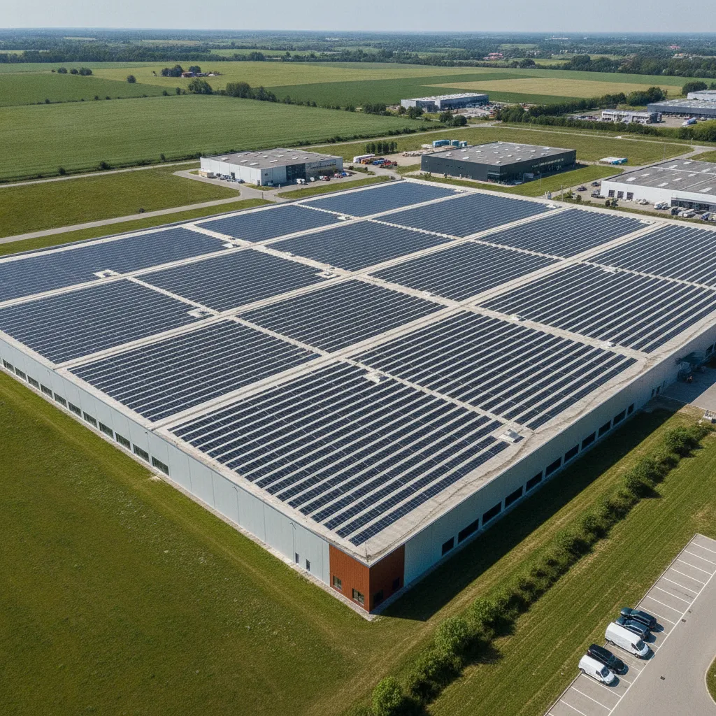 Luchtfoto van een groot Belgisch bedrijfsdak volledig bedekt met zonnepanelen