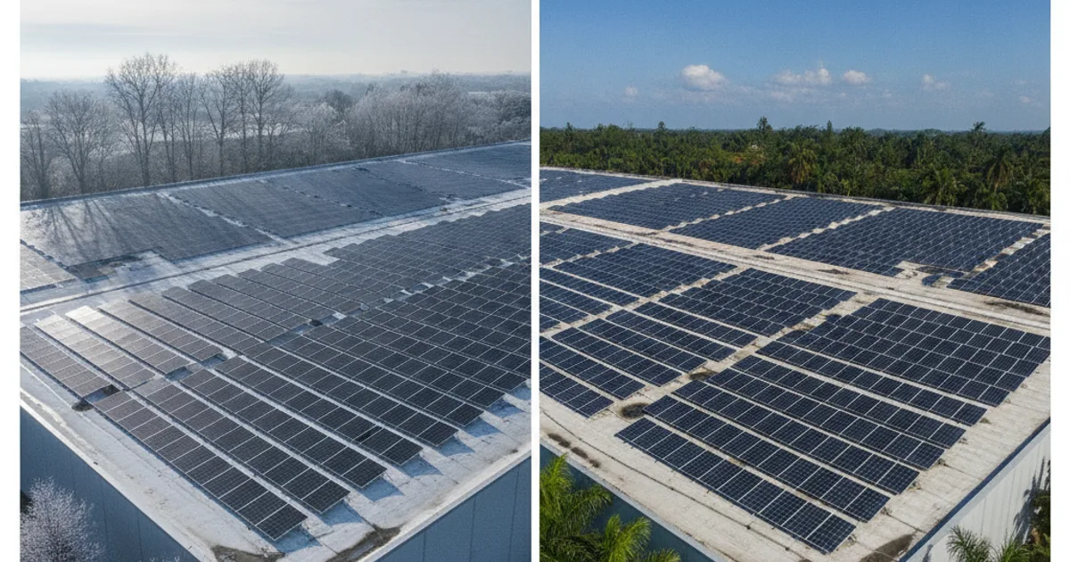 Zelfde bedrijfsdak met zonnepanelen bij lage winterzon in Noord-Europa en bij loodrechte zon aan de evenaar — seizoensspreiding van de zonopbrengst.