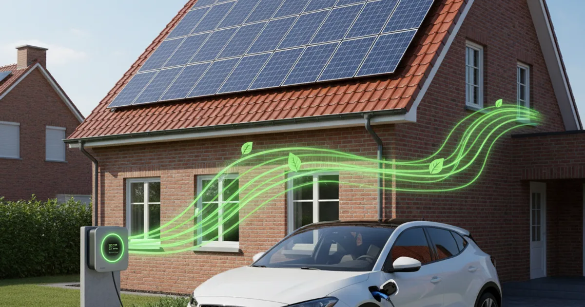 Elektrische auto laadt op aan een thuislaadpaal met zonnepanelen op het dak