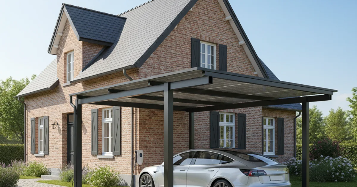 Solar carport naast een Belgische woning met dakpanelen