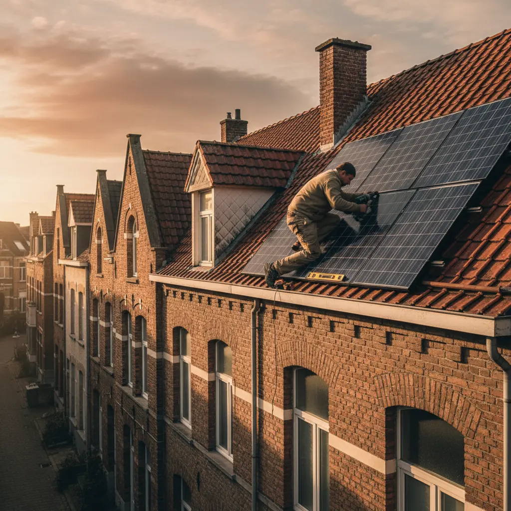 Solarnation-installateur monteert zonnepanelen op een Vlaams gezinsdak — dakwerker met meetapparatuur op een typische bakstenen rijwoning in Vlaanderen