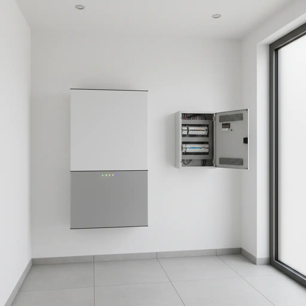 Thuisbatterij gekoppeld aan zonnepanelen — uitbreidbaar wanneer je 100% eigenaar bent, moderne thuisbatterij in een technische ruimte naast de elektriciteitskast