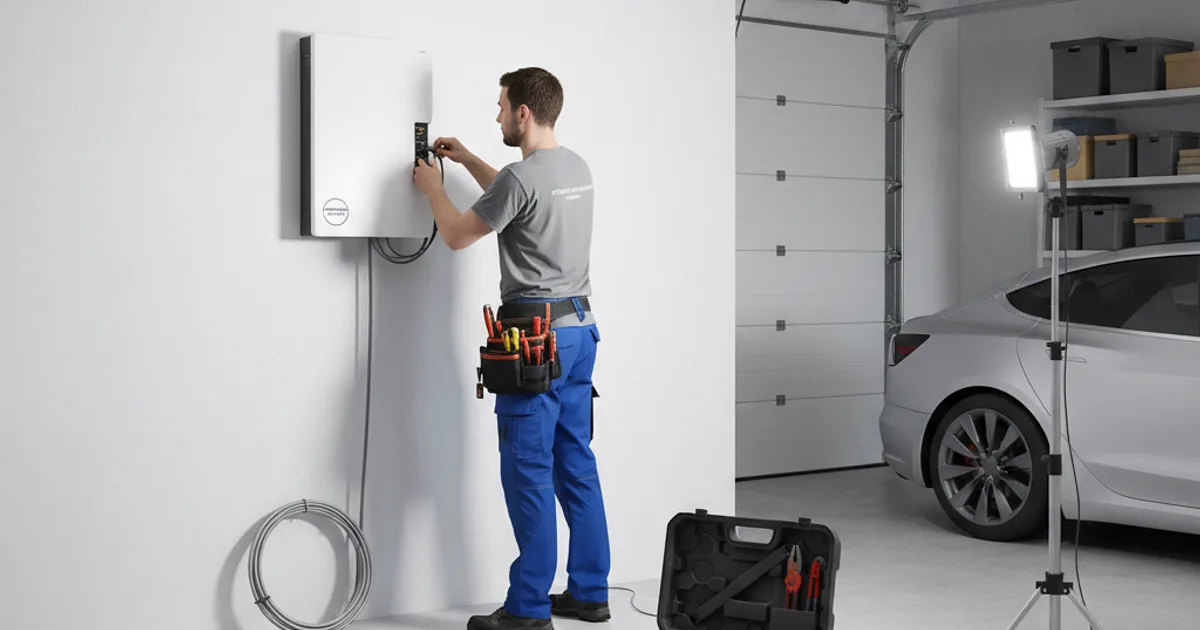 Elektricien installeert een thuisbatterij aan een garagemuur