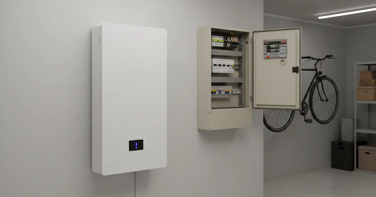 Moderne thuisbatterij gemonteerd aan een garagemuur