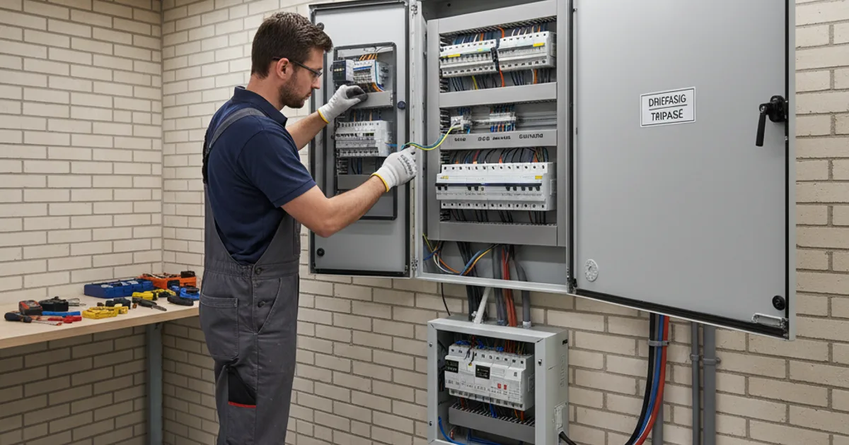 Elektricien werkt aan een driedraads zekeringskast in een Belgische woning