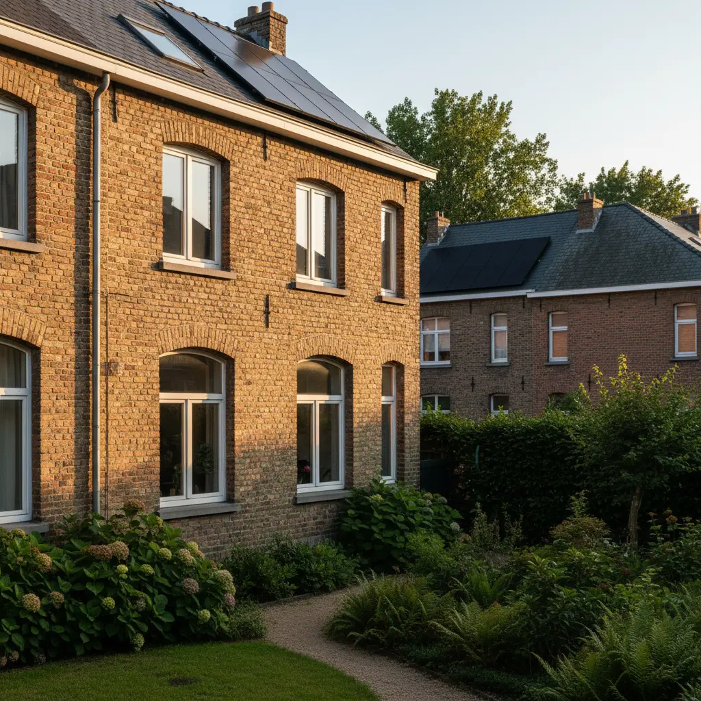 Belgisch gezinswoning met zonnepanelen op het dak in avondlicht