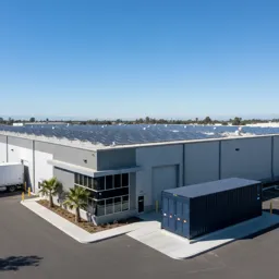 Batterijopslag BESS voor KMO en industriele bedrijven - warehouse met zonnepanelen en batterijcontainer op betonplaat