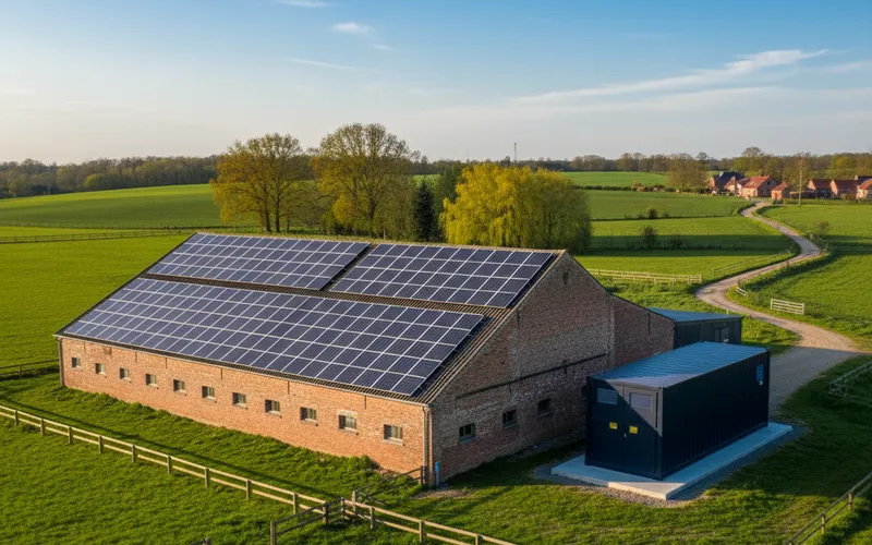 Batterijopslag BESS voor landbouwbedrijven - Vlaamse boerderij met zonnepanelen op staldak en batterijsysteem in landelijk landschap