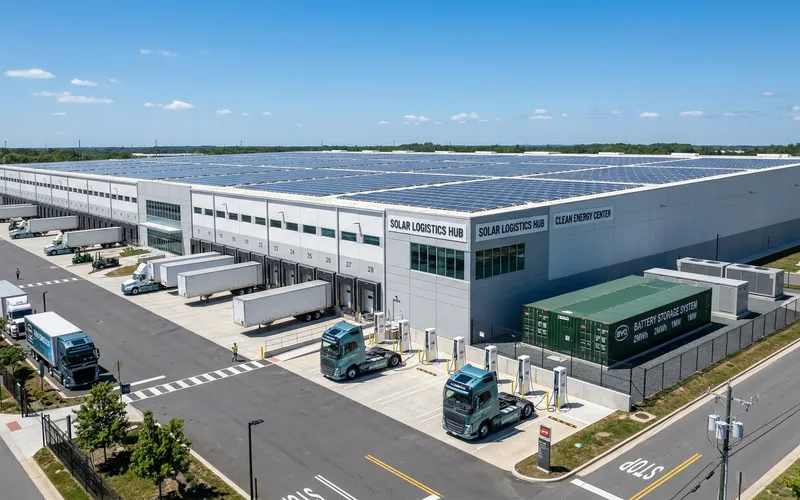 Batterijopslag BESS voor logistiek en transport - distributiecentrum met zonnepanelen en EV-laadstations voor elektrische vrachtwagens