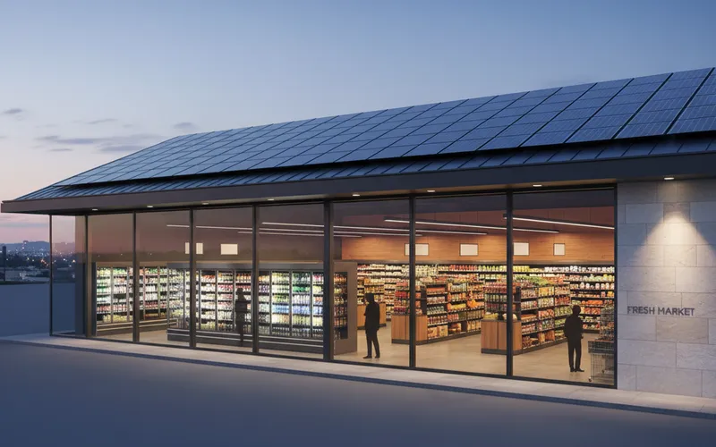 Batterijopslag BESS voor supermarkten, winkels en horeca - supermarkt met zonnepanelen en koelinstallaties bij schemering