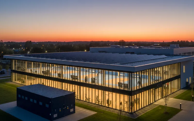Batterijopslag BESS voor sportcentra en recreatiecentra - sporthal met zonnepanelen op het dak en batterijcontainer bij schemering