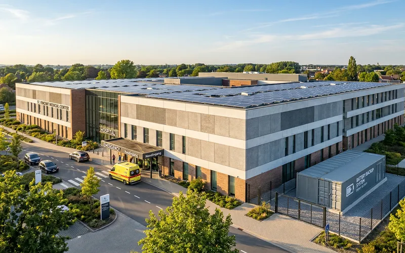 Batterijopslag BESS voor zorginstellingen en ziekenhuizen - modern zorggebouw met zonnepanelen en noodstroomvoorziening