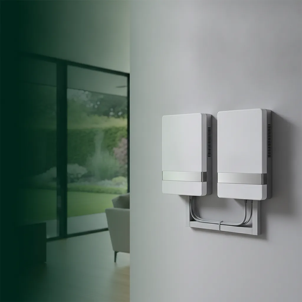 Solarnation-installatieteam plaatst een thuisbatterij en omvormer aan de muur